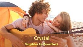  Presentation with camping - Theme with smiling young couple resting together at the beach camping playing guitar background and a red colored foreground
