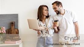  Presentation with takeaway coffee - PPT layouts consisting of smiling-young-couple-standing background and a mint green colored foreground
