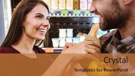  Presentation with natural food grocery - Cool new slide deck with smiling young couple with packet backdrop and a red colored foreground