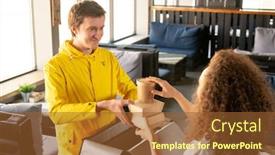  Presentation with courier bag - Slide set featuring smiling-young-courier-in-yellow background and a tawny brown colored foreground