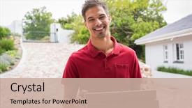  Presentation with pizza - Presentation design with smiling young delivery man holding background and a soft green colored foreground