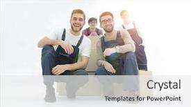  Presentation with virile young men - Theme with smiling young delivery men holding background and a white colored foreground