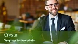  Presentation with important - Presentation theme featuring smiling young entrepreneur wearing classical suit looking away while taking necessary notes before important negotiations with business partners interior of spacious cafe on background background and a tawny brown colored foreground