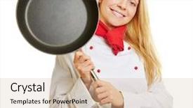  Presentation with cook chef - Theme enhanced with smiling young female chef cook holding a frying pan background and a soft green colored foreground