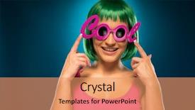  Presentation with hair color - Audience pleasing slides consisting of smiling young female in green color hair wearing pink cool shades and sleeveless on blue background backdrop and a coral colored foreground