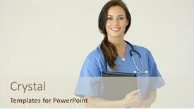  Presentation with physician - Beautiful presentation theme featuring smiling young female physician smiles at camera backdrop and a lemonade colored foreground