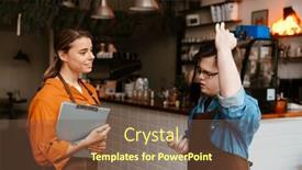  Presentation with employee training - PPT theme with smiling-young-female-waitress background and a tawny brown colored foreground