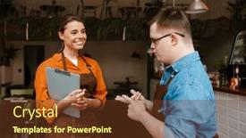  Presentation with employee training - Presentation design consisting of smiling-young-female-waitress background and a tawny brown colored foreground
