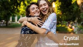  Presentation with five business people standing together and smiling - Amazing PPT theme having smiling young friends standing posing backdrop and a coral colored foreground