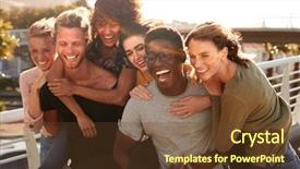  Presentation with walking together - Cool new PPT theme with smiling young friends walking outdoors backdrop and a tawny brown colored foreground
