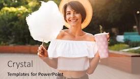  Presentation with cotton candy - Colorful slide deck enhanced with smiling young girl dressed in summer clothes eating cotton candy and drinking from a plastic cup at the park backdrop and a coral colored foreground