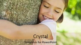  Presentation with close up baby girl knitted - PPT layouts featuring smiling young girl hugging tree background and a coral colored foreground