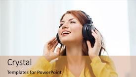  Presentation with music headphones - Slide set consisting of smiling young girl in headphones background and a  colored foreground