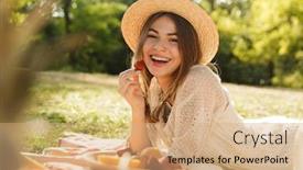  Presentation with picnic - Slide deck having smiling young girl in summer hat having a picnic at the park eating fruits background and a coral colored foreground