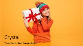  Presentation with smiling little girl - PPT theme featuring smiling young girl in sweater background and a gold colored foreground