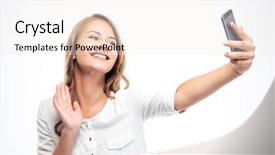  Presentation with selfie - Cool new PPT theme with smiling young girl making selfie backdrop and a sky blue colored foreground