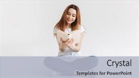  Presentation with girl reading - Cool new PPT theme with smiling young girl reading book backdrop and a light blue colored foreground