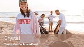  Presentation with volunteer - Slide set featuring volunteerism - smiling young girl volunteer cleaning background and a coral colored foreground
