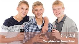  Presentation with drink beverages - Beautiful slide set featuring smiling young guys talk to each other and drink beverages two of the boys twin brothers backdrop and a coral colored foreground