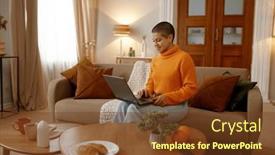  Presentation with social media - Presentation theme consisting of smiling-young-lgbt-woman-using background and a tawny brown colored foreground