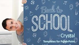  Presentation with corner - Audience pleasing presentation consisting of smiling young male looking around the corner against blue background with vignette backdrop and a ocean colored foreground