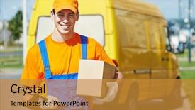  Presentation with courier - Colorful slide set enhanced with smiling young male postal delivery backdrop and a gold colored foreground
