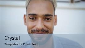  Presentation with women safety against harrasment - Audience pleasing slides consisting of smiling young man against van backdrop and a  colored foreground