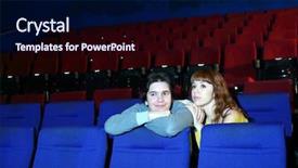  Presentation with movie theater - Audience pleasing theme consisting of smiling young man and focused woman watch movie in cinema theater backdrop and a navy blue colored foreground