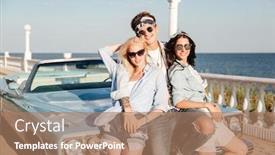  Presentation with vintage women - PPT theme with smiling young man and two beautiful women standing together near vintage car background and a coral colored foreground