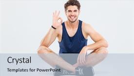  Presentation with athlete - Audience pleasing PPT layouts consisting of smiling young man athlete sitting with legs crossed and showing ok sign over white background backdrop and a light blue colored foreground
