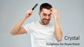  Presentation with hair care - Amazing PPT layouts having smiling young man brushing hair backdrop and a light gray colored foreground