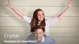  Presentation with bleached - Slide set consisting of smiling young man carrying woman against bleached wooden planks background background and a gray colored foreground