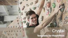  Presentation with indoor rock climbing - Cool new PPT theme with smiling young man climbing up backdrop and a coral colored foreground