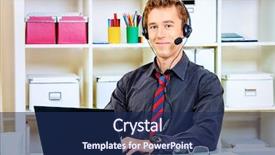  Presentation with customer service phone number - Presentation design consisting of smiling young man customer service background and a navy blue colored foreground