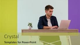  Presentation with home - Colorful slides enhanced with smiling-young-man-freelancer-using backdrop and a yellow colored foreground