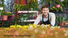  Presentation with apprentice - PPT layouts consisting of smiling-young-man-gardener-apprentice background and a gold colored foreground