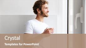  Presentation with blonde holds a magnifying glass - Colorful PPT theme enhanced with smiling young man holding glass water standing window home backdrop and a coral colored foreground