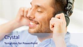  Presentation with music sign people - PPT theme featuring smiling young man in headphones background and a sky blue colored foreground