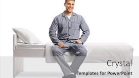  Presentation with smiling paramedic sitting in ambulance - Presentation theme having smiling-young-man-in-pajamas background and a light gray colored foreground