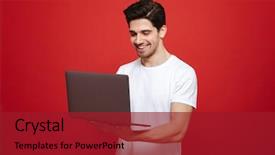  Presentation with computer - PPT theme having smiling young man in white background and a  colored foreground