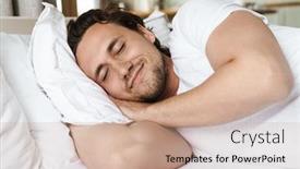  Presentation with closed - Presentation design having smiling-young-man-laying background and a coral colored foreground