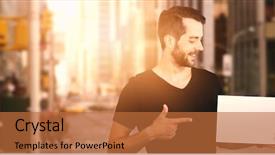  Presentation with young - Slide deck enhanced with smiling young man pointing towards background and a red colored foreground