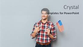  Presentation with america flag - Audience pleasing PPT theme consisting of smiling young man pointing on united states of america flag over grey background backdrop and a light gray colored foreground