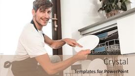  Presentation with clean - PPT layouts with smiling-young-man-pulls-out background and a coral colored foreground