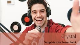  Presentation with radio - Cool new PPT layouts with smiling-young-man-radio-host backdrop and a red colored foreground