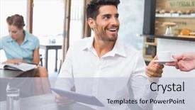  Presentation with gold man smile - Cool new presentation theme with smiling young man receiving coffee backdrop and a lemonade colored foreground