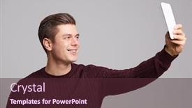  Presentation with selfie - Cool new presentation theme with smiling-young-man-taking backdrop and a tawny brown colored foreground