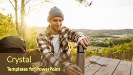  Presentation with man sitting bench - PPT theme having smiling-young-man-tourist background and a tawny brown colored foreground
