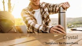  Presentation with man sitting bench - Slide set enhanced with smiling-young-man-tourist background and a coral colored foreground