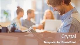  Presentation with using digital tablet - PPT theme enhanced with smiling young man using digital background and a coral colored foreground